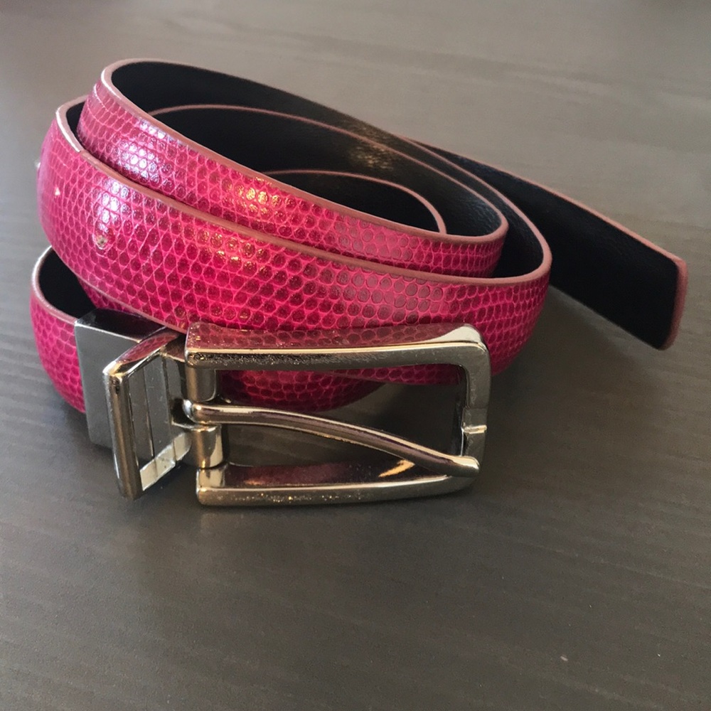 Magenta leather belt with snakeskin pattern